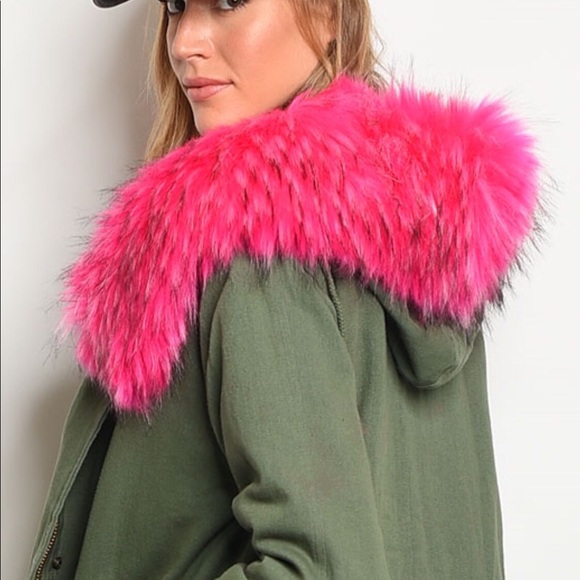 Olive Fuchsia Military Statement Jacket Faux Fur - Picture 3 of 8